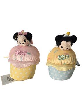 Disney Store 2017 SCENTED Birthday Cupcake Mickey & Minnie Tsum Tsum Plush Set